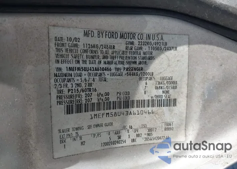 2003 Mercury Sable Gs from USA, damaged, VIN 1MEFM58U43A610466